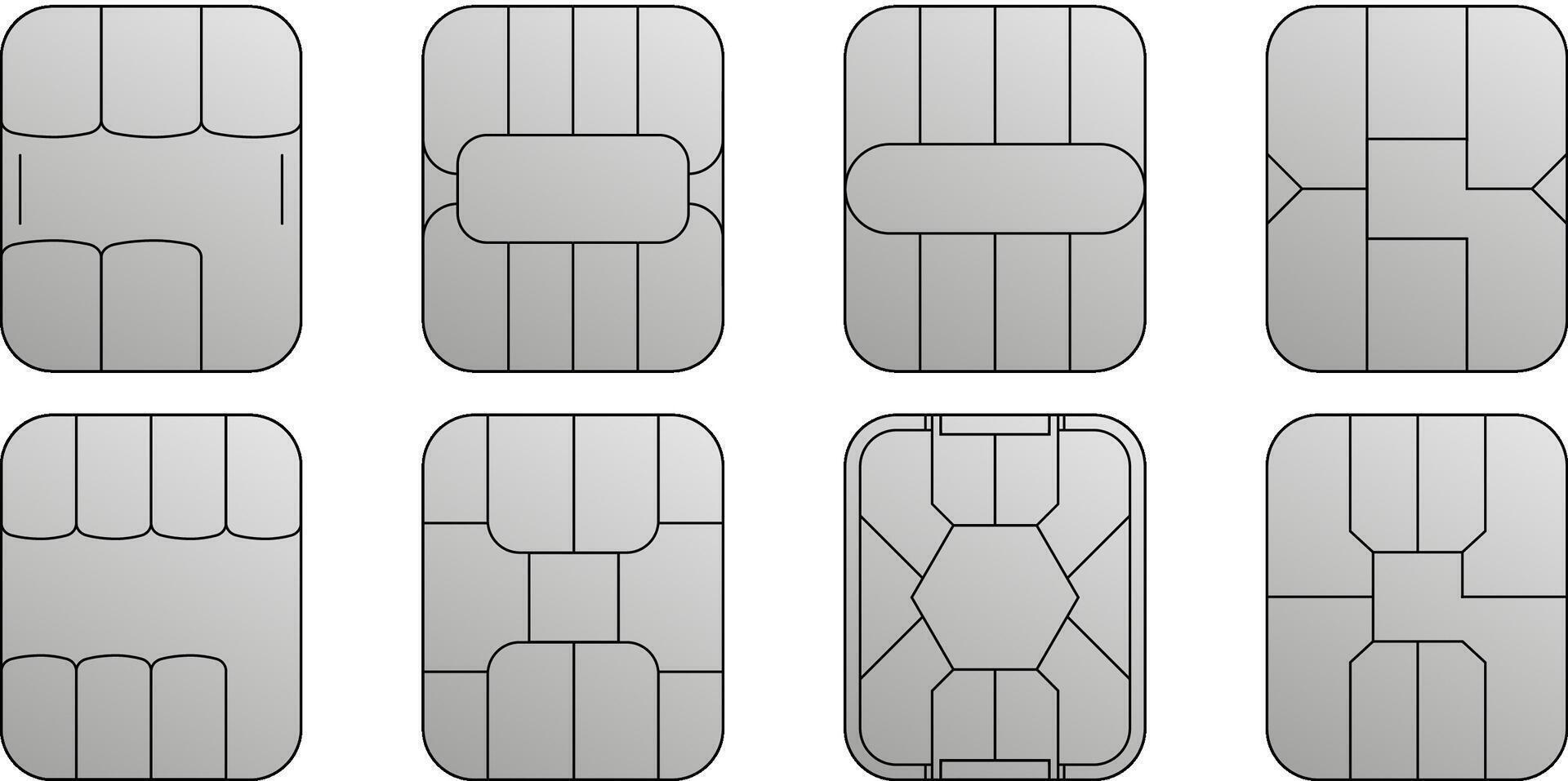 EMV chip silver icons. Set line nfc symbol. Contactless payment at terminals and ATMs. Square computer microchips for credit debit cards. vector