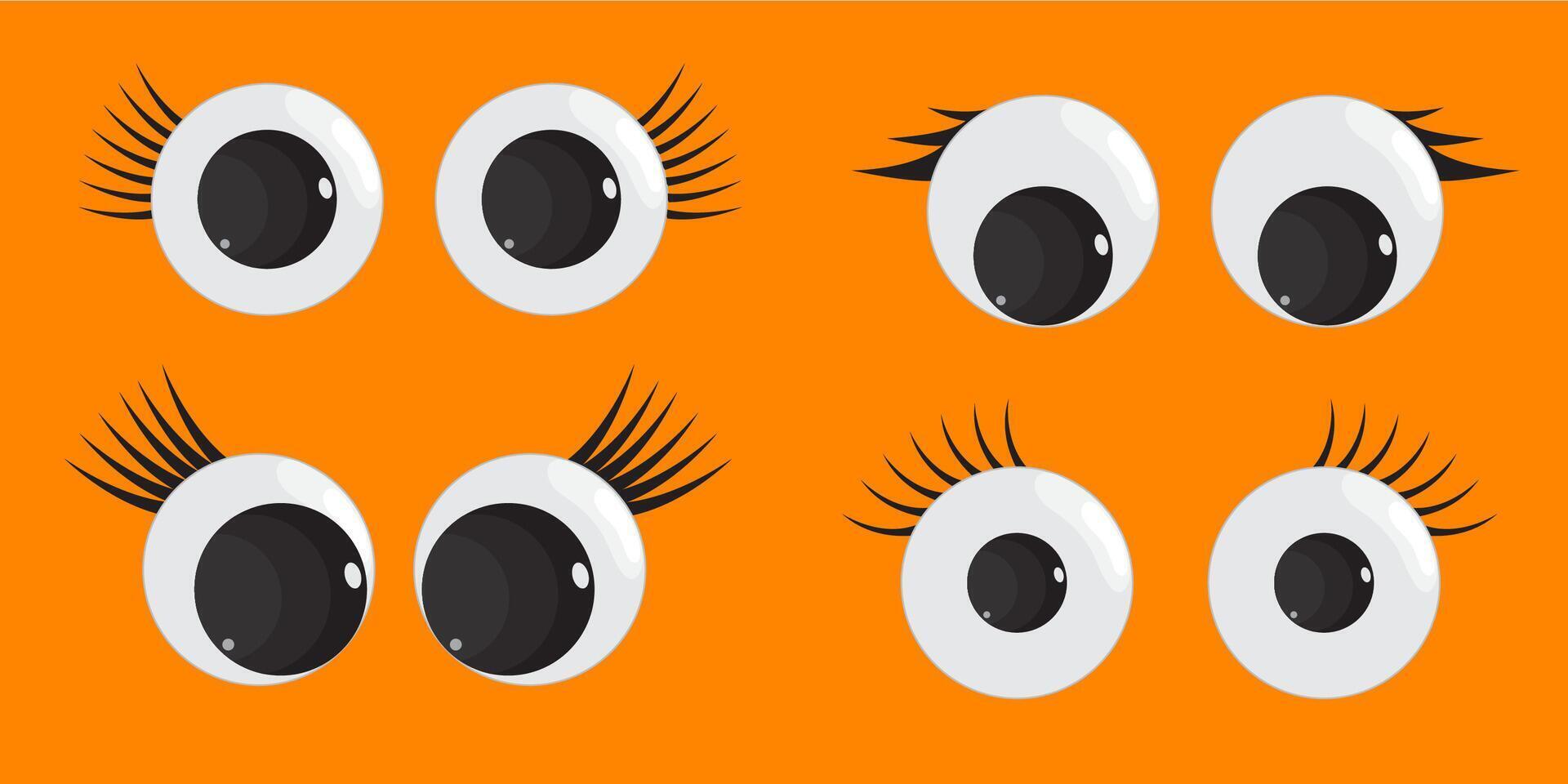 A set of plastic toy eyes. Glossy, bulging, puppet eyes. Cute, round, , isolated elements. Look down, up, left, right. Different, shaking, silly, hilarious pairs of eyeballs. vector
