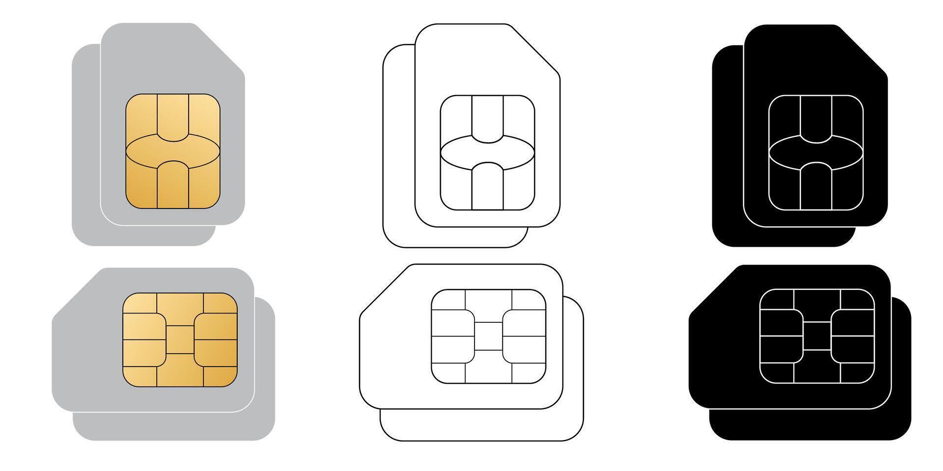Set of sim cards. ID card mockup template. Realistic illustration for design. Mobile cellular phone. Sign, symbol, icon or logo isolated on background. EMV gold chip. Concept of technology. vector