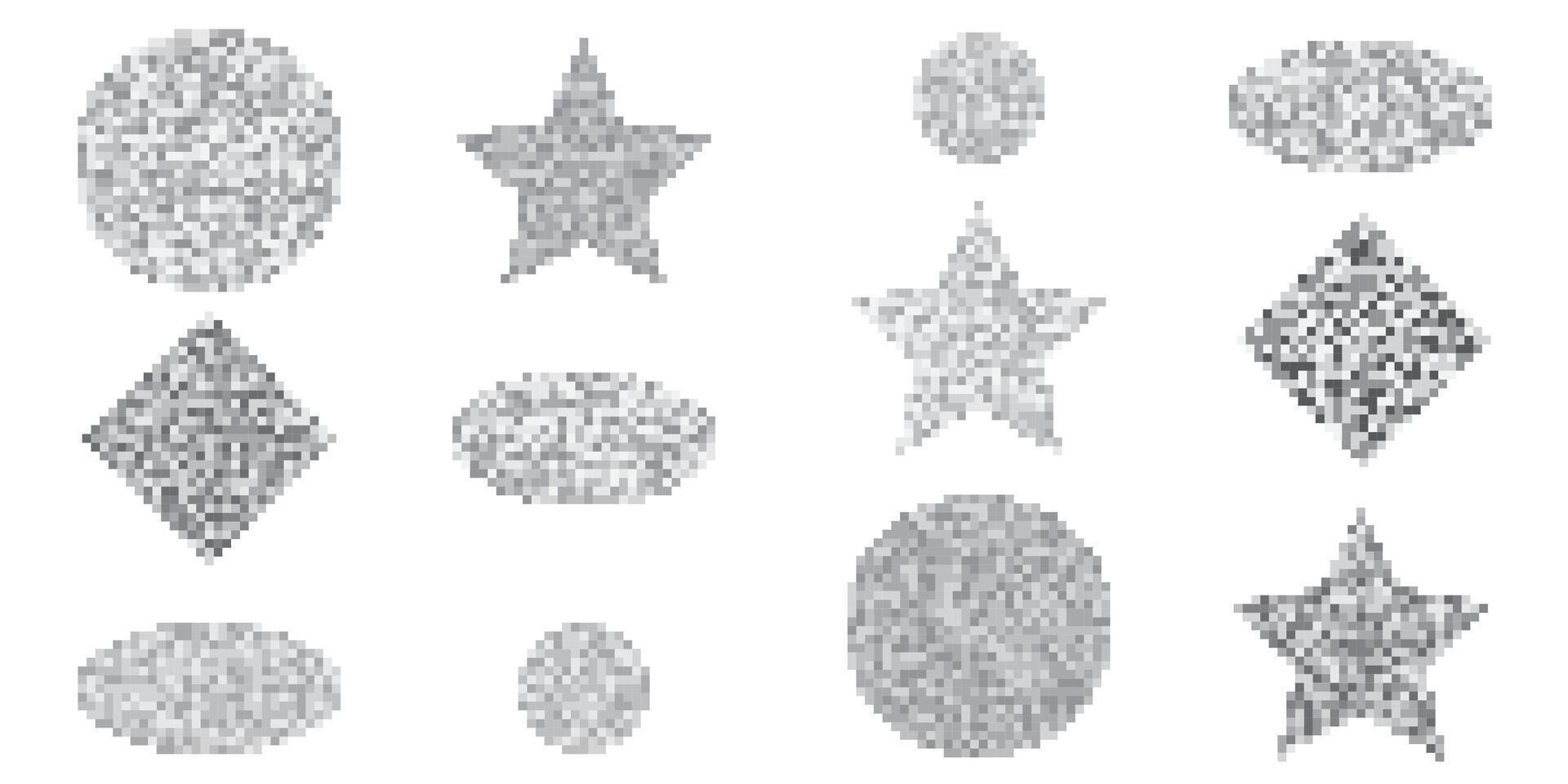 Pixelated monochrome censorship bars in diverse shapes such as circles, stars, and ovals. Suitable for concealing sensitive content in creative projects, web design, and visual media. vector