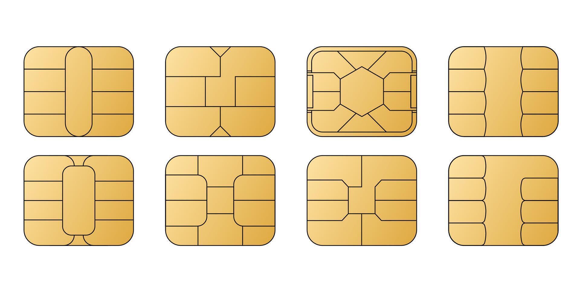 EMV chip golden icons. Square computer microchips for credit debit cards. Contactless payment at terminals and ATMs. Set line nfc symbol. vector