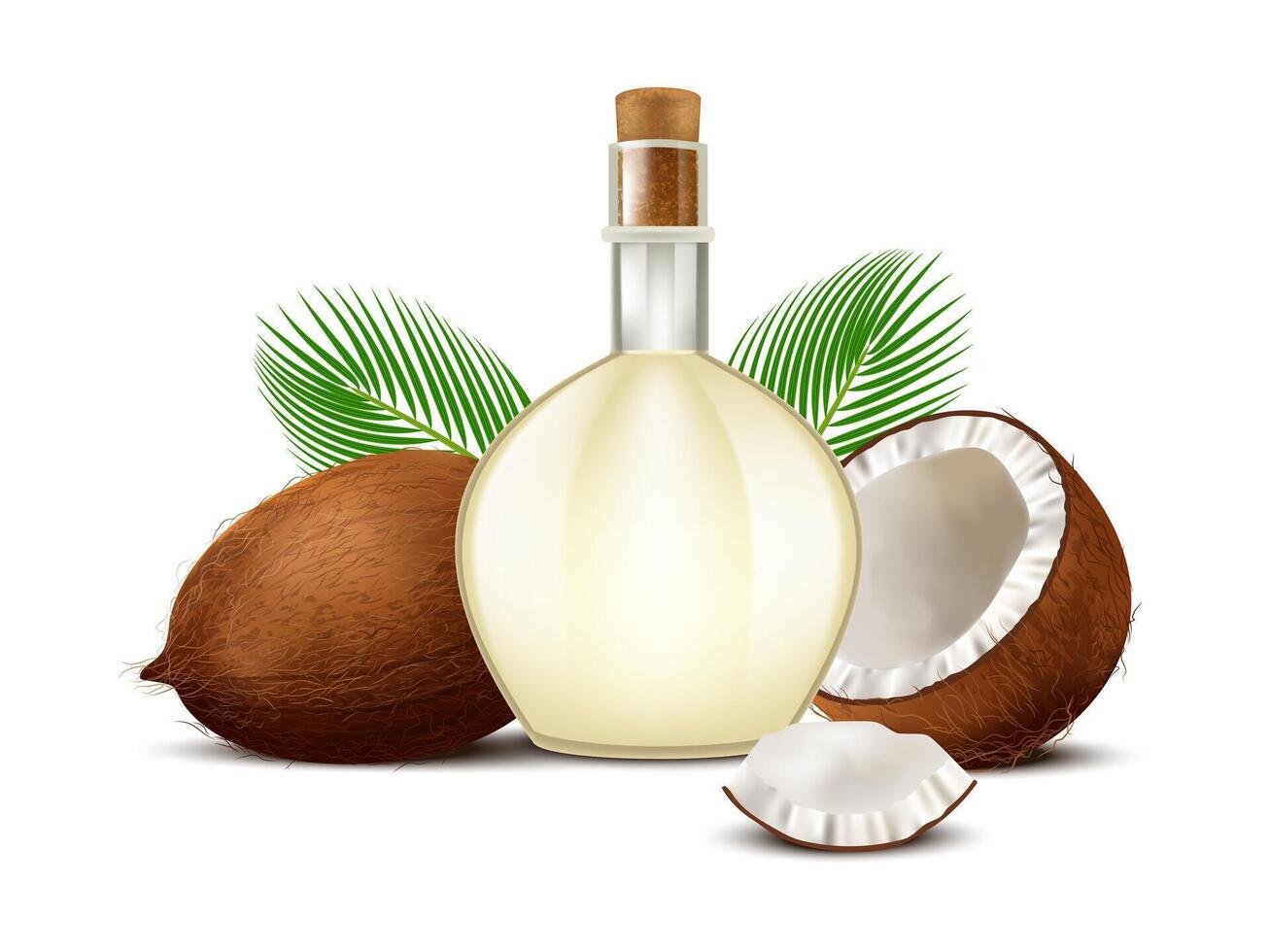Coconut oil illustration. Realistic composition of oil bottle with coconut whole, half, piece, palm tree leaves. Organic natural product used for food, for hair and skin care. vector