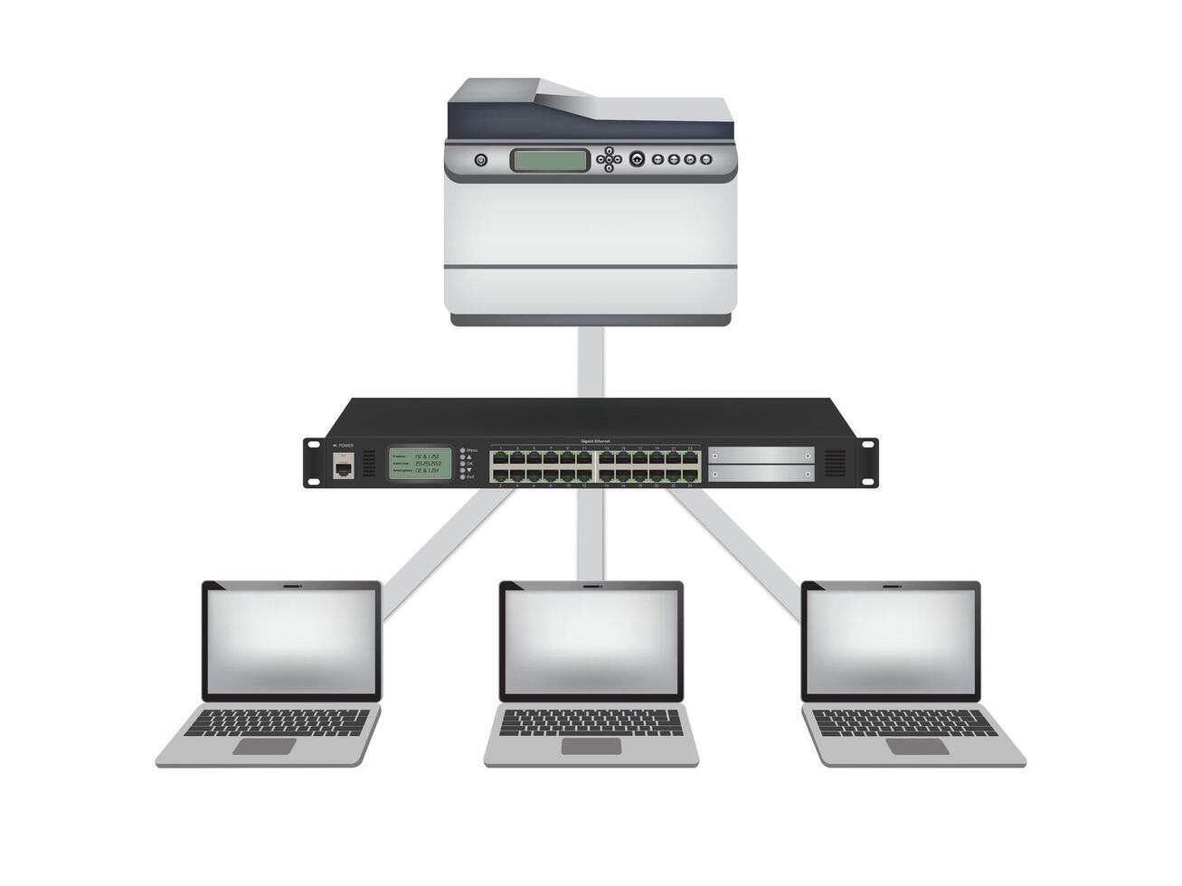 A network printer is a printer that can be connected to a network and used by multiple users. vector