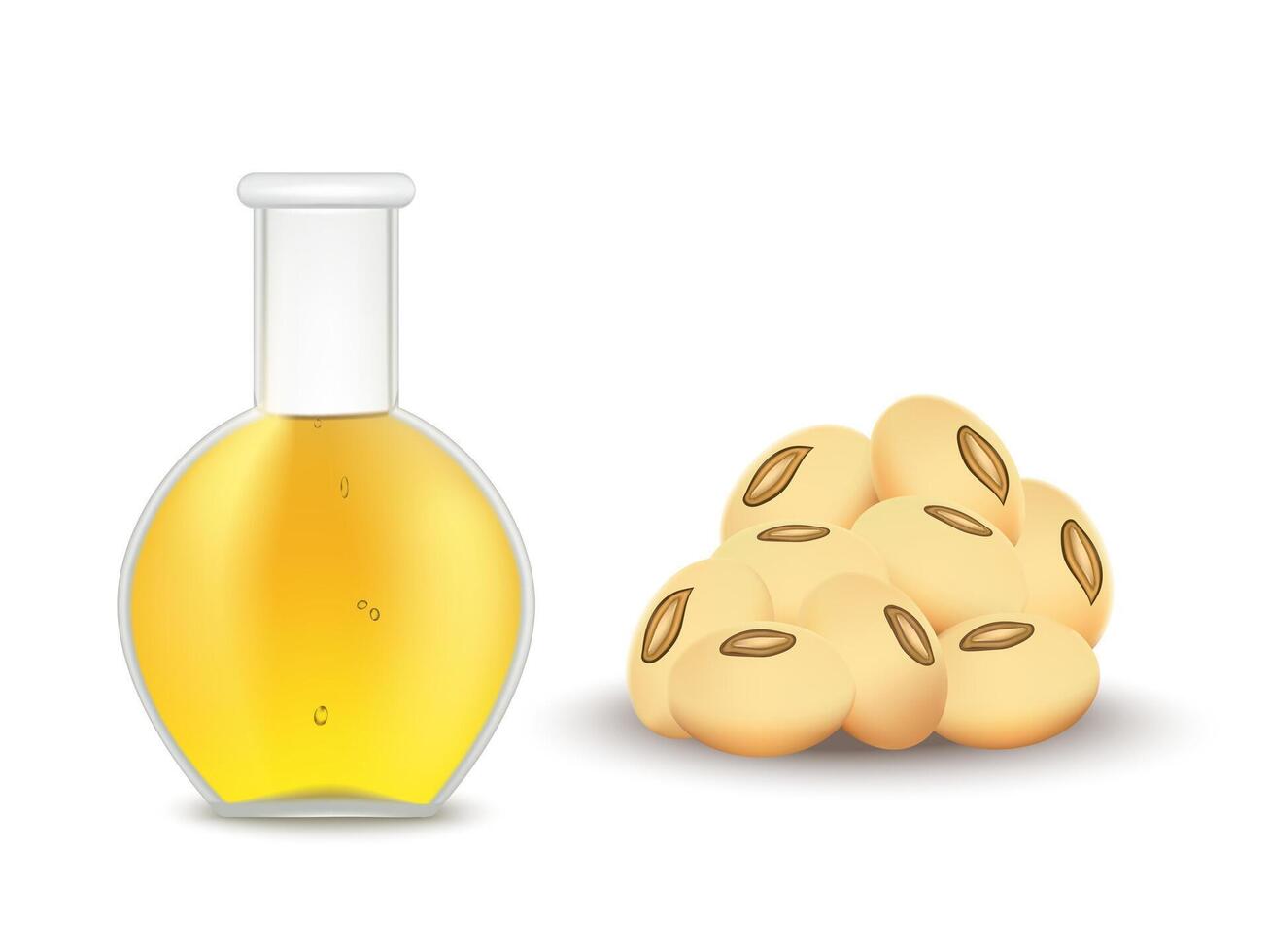 Realistic soybean oil bottle with dried soybeans on white background for advertising media, website, banner, etc. vector