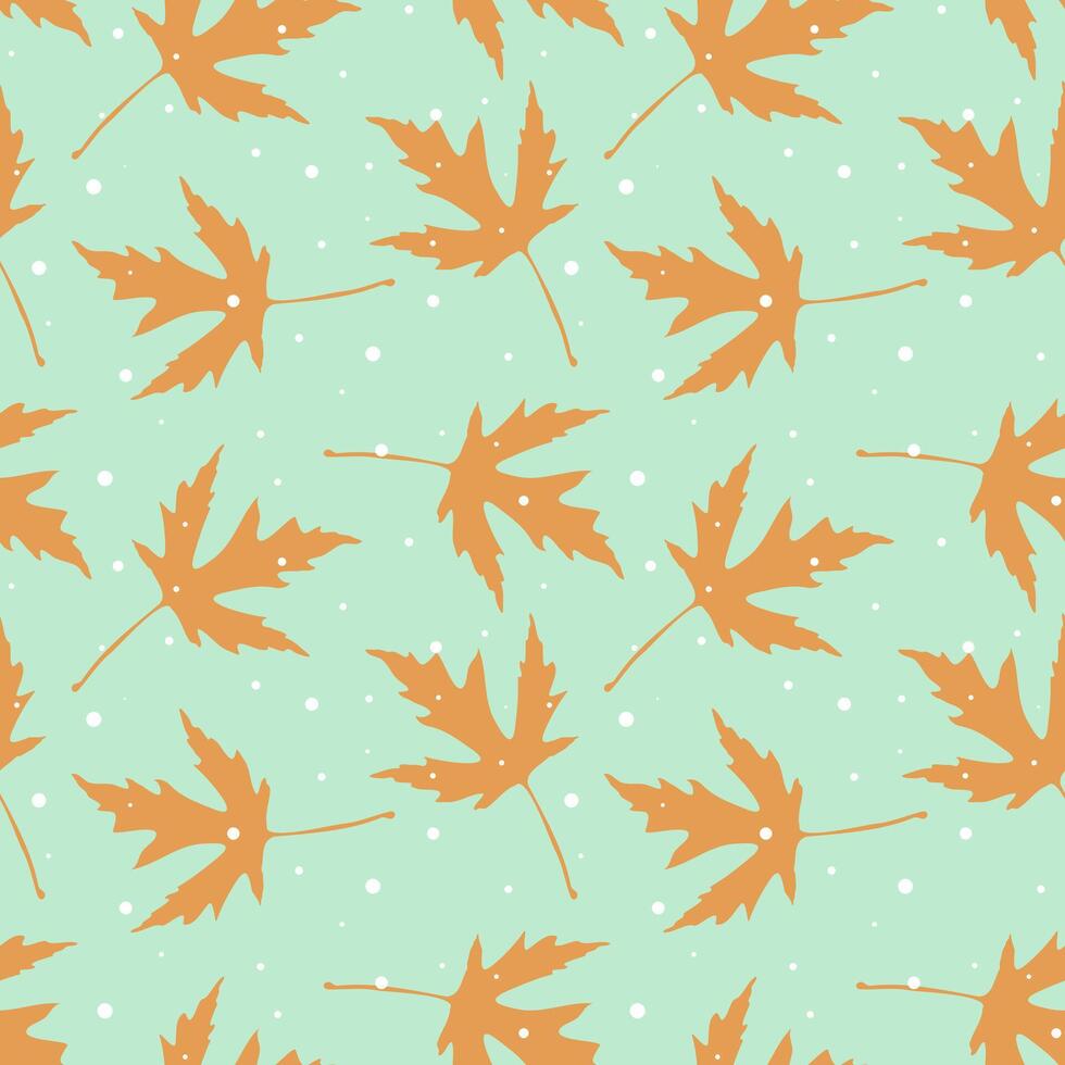 Snowflakes and oak gold leaves pattern on mint green background. vector