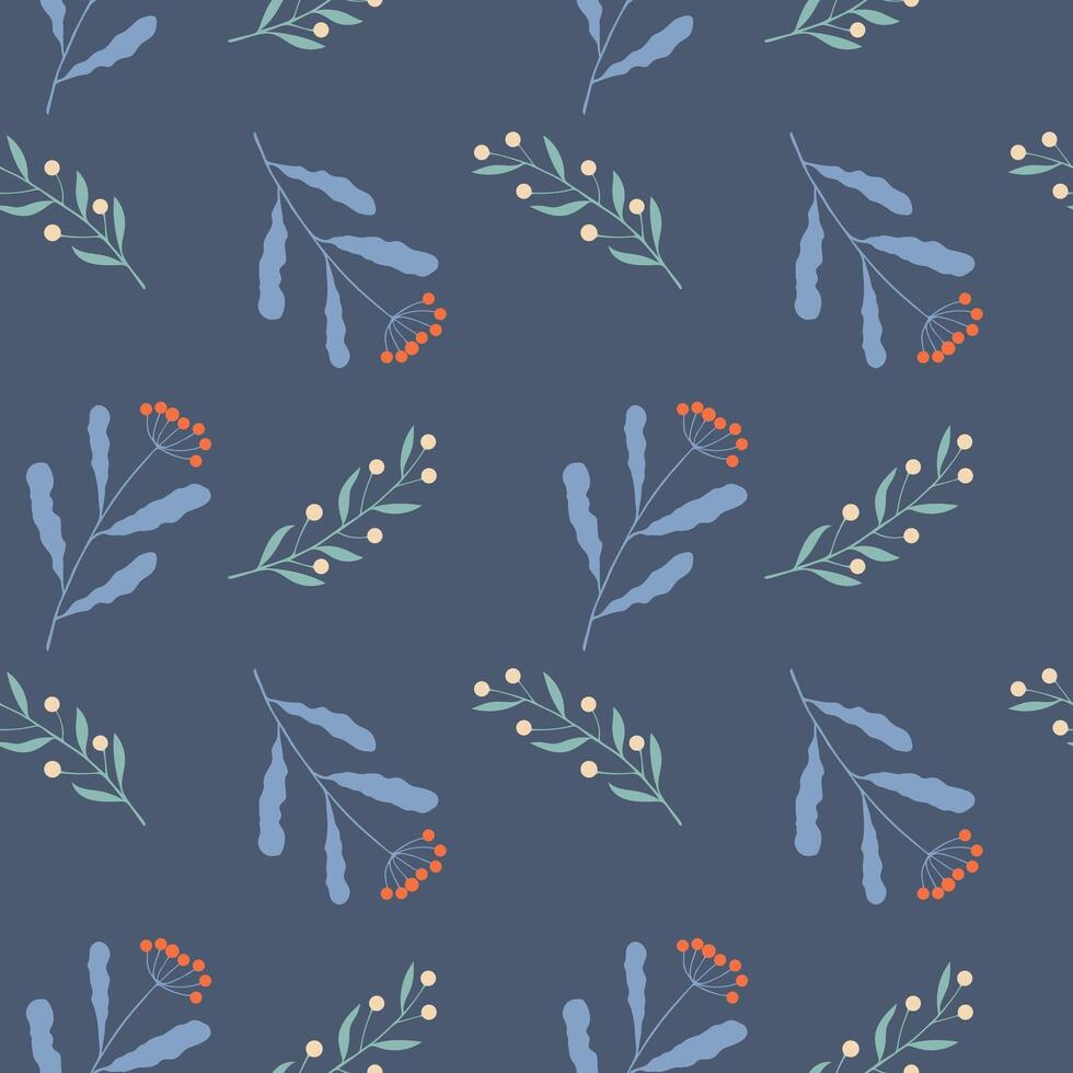 Winter cool New Year floral pattern with leaves and berries on blue background. Hand drawing twigs. vector