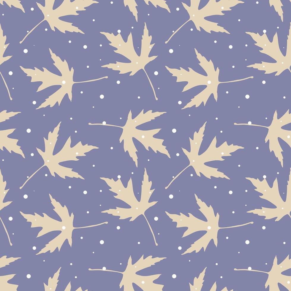 Snowflakes and winter oak leaves pattern on violet purple background. vector