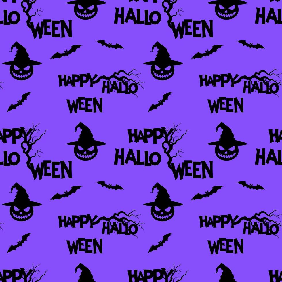 Purple pattern with Happy Halloween lettering and bats and pumpkins on background of gnarled old tree branches. vector