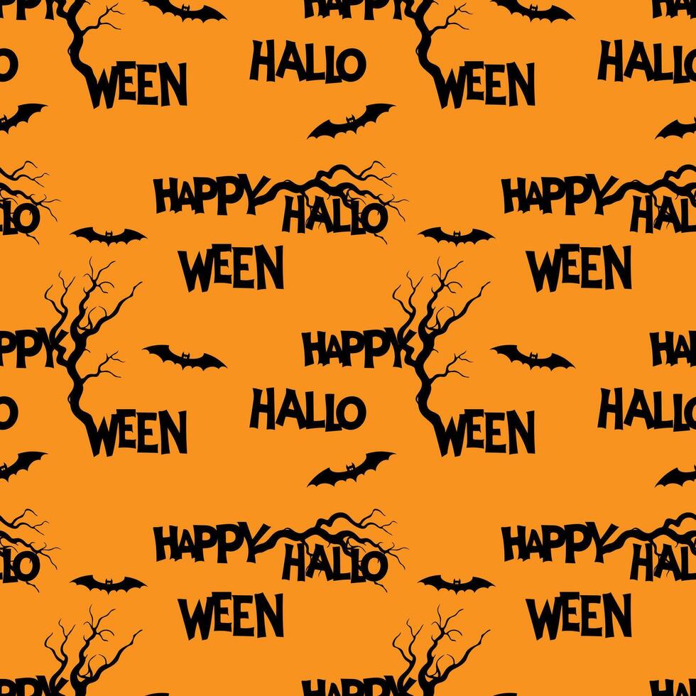 Orange pattern with Happy Halloween lettering and bats silhouette and gnarled old tree branches. vector