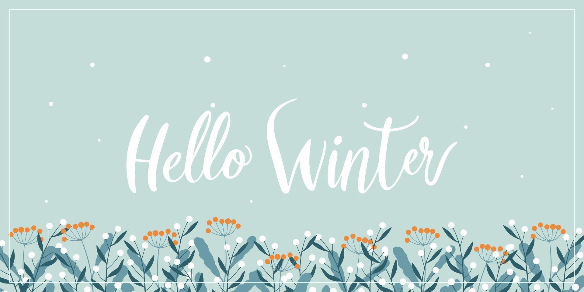 Hello Winter, text on banner with winter cool branch blue cool colors and orange berries. vector