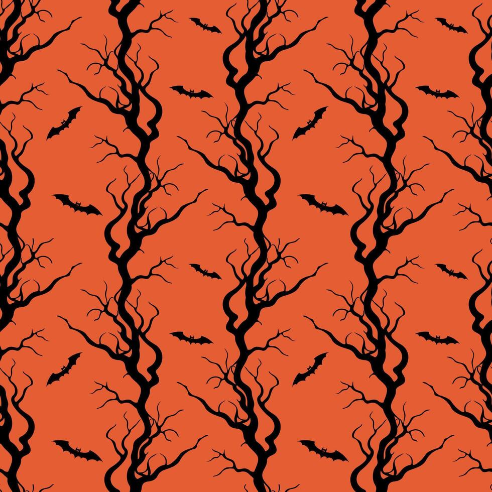 Tree branches gnarled old crooked and bats, Halloween pattern with black silhouettes on red-orange background. vector