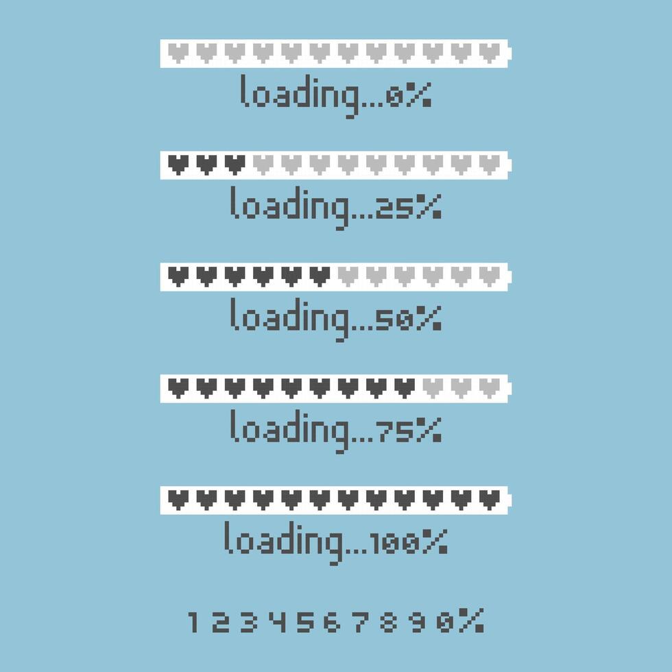 collection set of retro game 8bit heart life pixel art loading process progress counter bar computer battery, banner vector