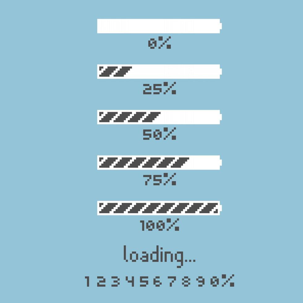 collection set of retro game 8bit pixel art loading process progress counter bar computer battery, banner vector