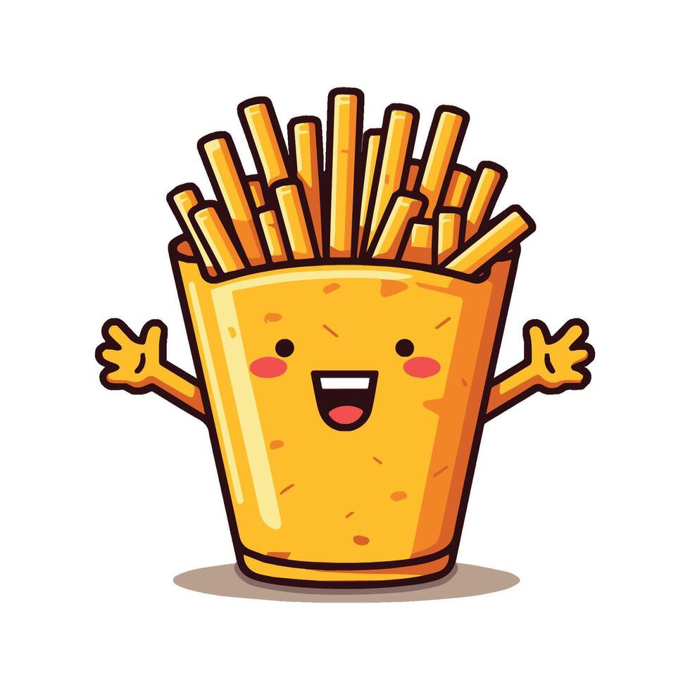 illustration of French fries in box with cute funny face Fried potato sticks in pack with eyes and mouth vector