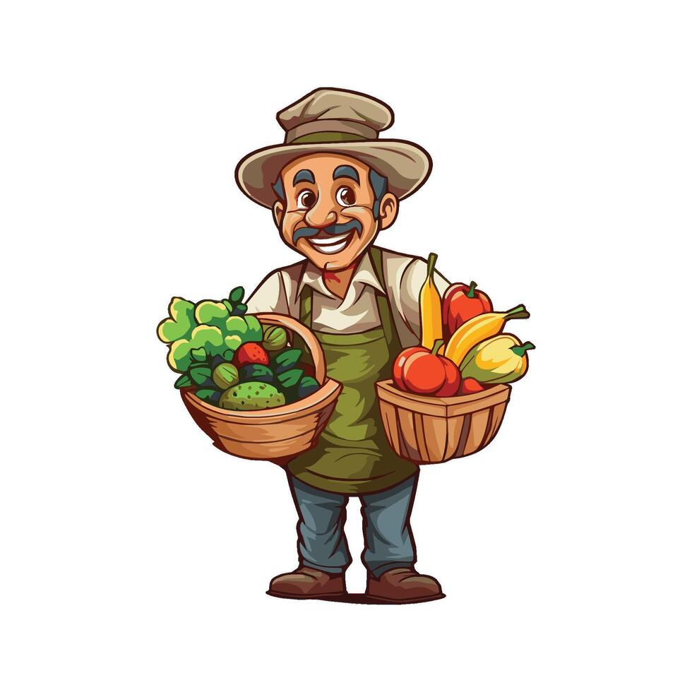 Cartoon Farmer Vegetable Seller Holding Organic Fresh Vegetables in Hand vector