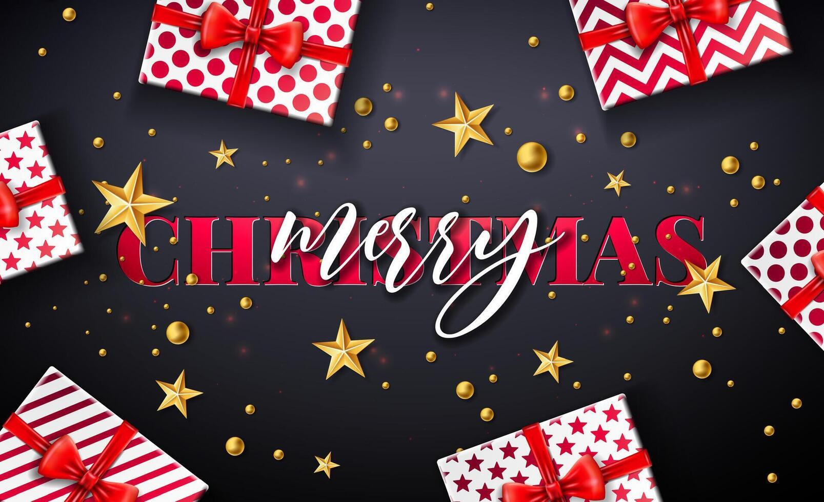 Merry Christmas and Happy New Year Illustration with Gift Box, Golden Star, Glass Ball and Typography Letter on Black Background. Holiday Season Banner Design for Greeting Card, Party Flyer vector