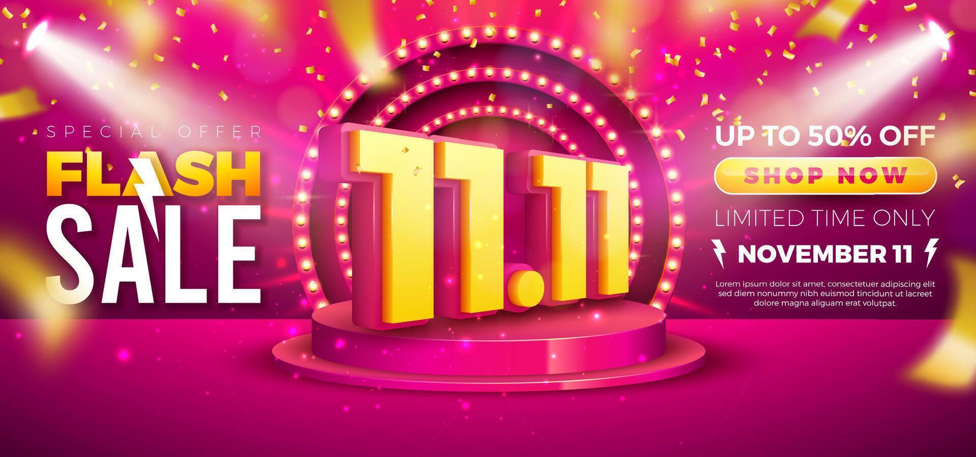 11 November Shopping Day Flash Sale Design with 3d 11.11 Number, Light Bulb Billboard and Stage Podium on Red Background. Special Offer 50 Percent Off Campaign Discount Illustration for Coupon vector