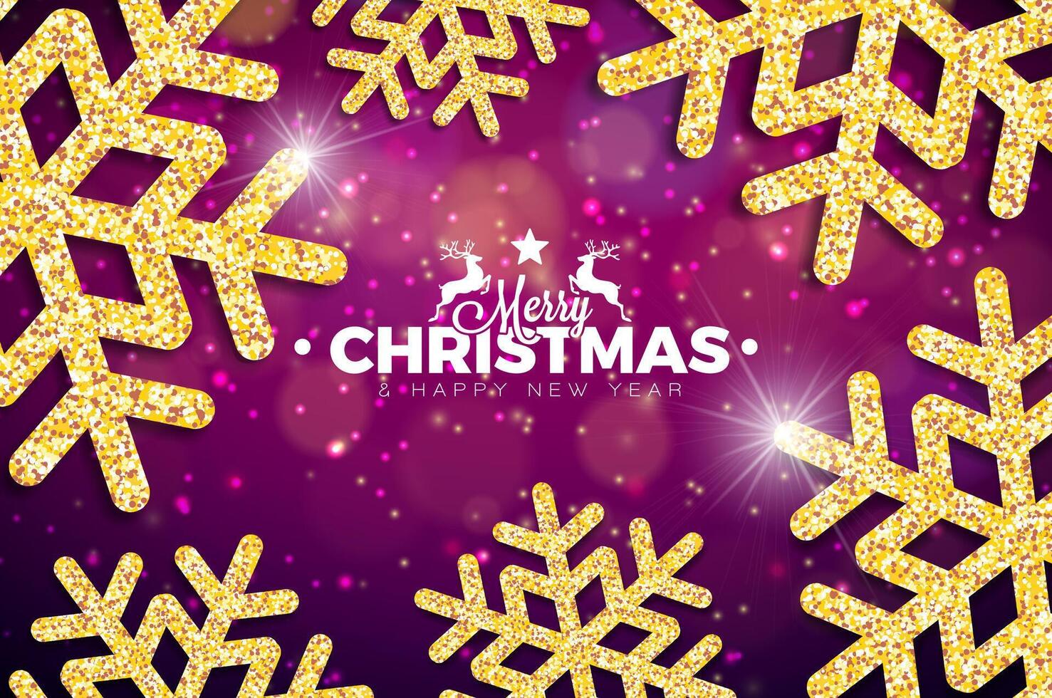 Merry Christmas and Happy New Year Illustration with Gold Glittered Snowflake and Typography Letter on Shiny Background. Holiday Season Banner Design for Greeting Card, Party Flyer, Celebration vector