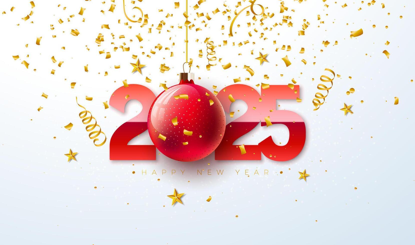 Happy New Year 2025 Illustration with Red Number, Christmas Ball and Falling Confetti on White Background. Holiday Design with Typography Lettering for Flyer, Greeting Card, Banner, Celebration Poster vector