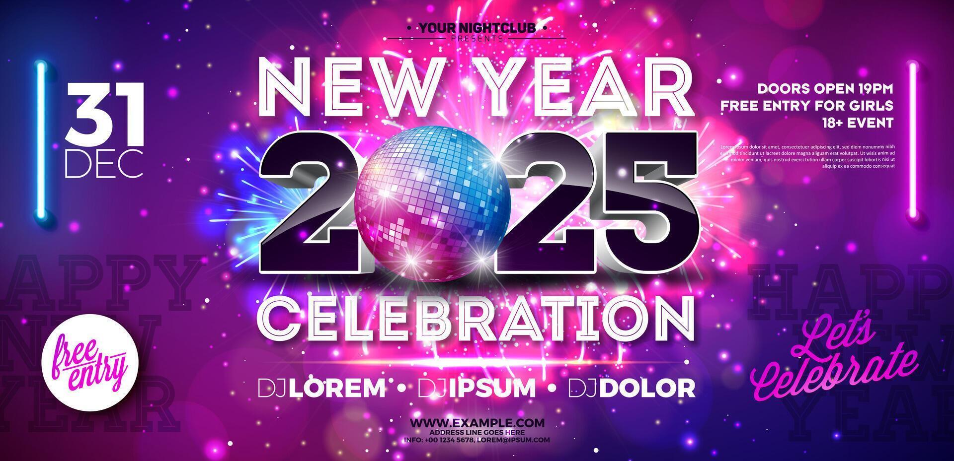 Happy New Year 2025 Party Celebration Banner Template Illustration with Shiny Disco Ball and 3d Typography Lettering on Firework Background. New Year Eve Holiday Design. Premium Invitation vector