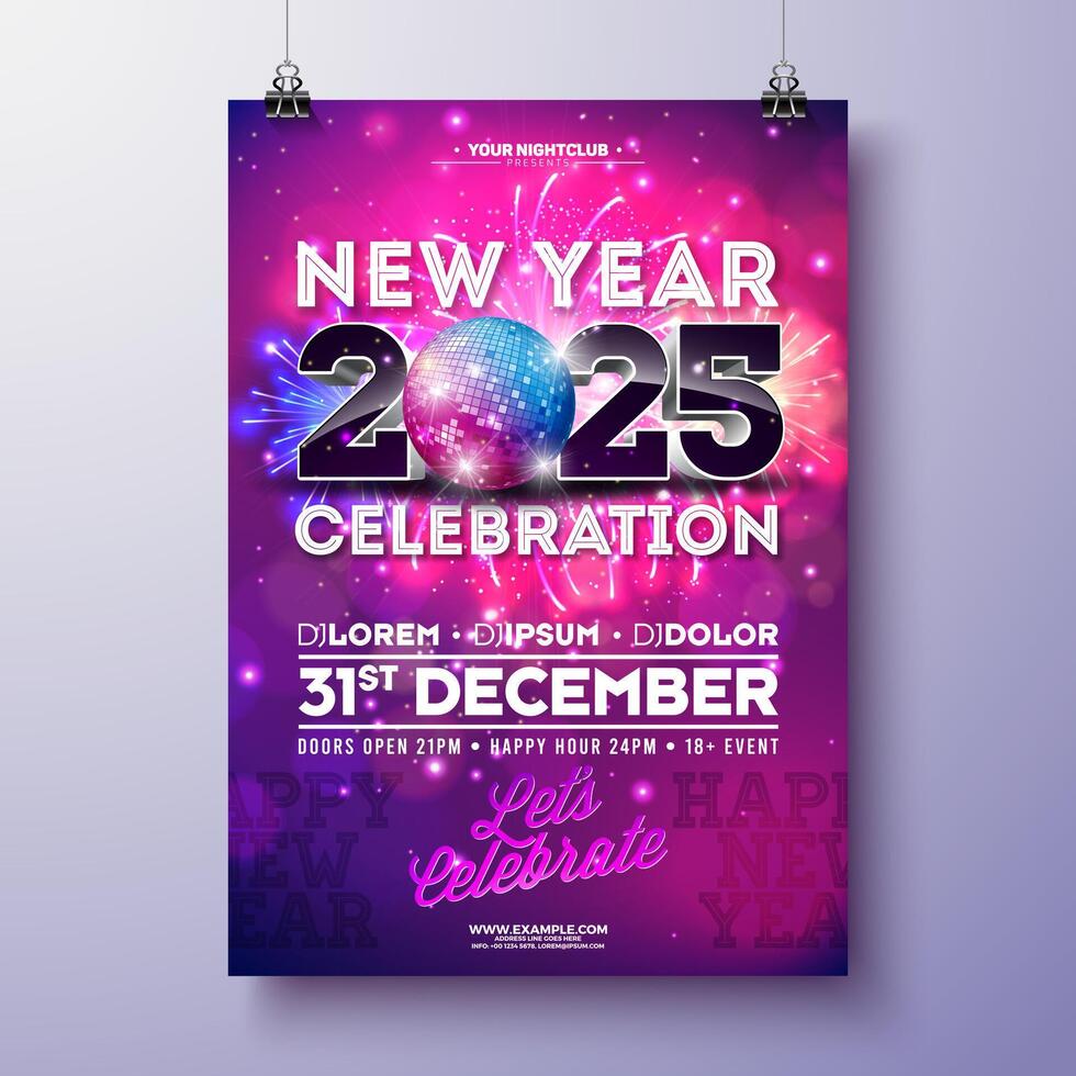 Happy New Year 2025 Party Celebration Poster Template Illustration with Shiny Disco Ball and 3d Typography Lettering on Firework Background. New Year Eve Holiday Design. Premium Invitation vector