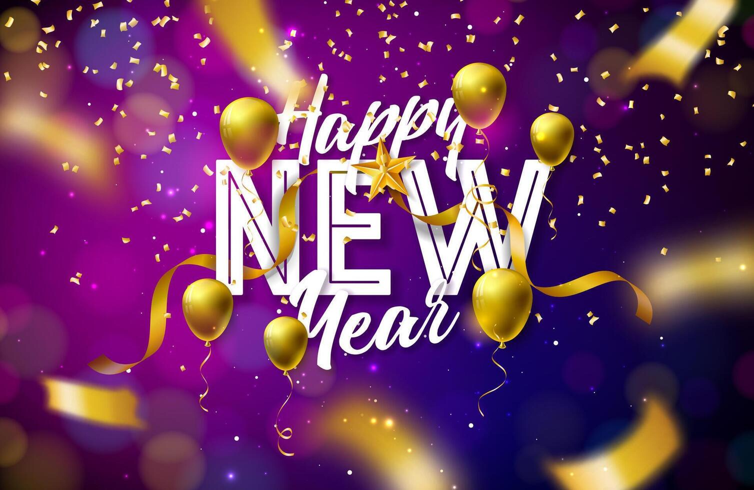 2025 Happy New Year Illustration with White Typography Lettering, Golden Christmas Ball and Falling Confetti on Dark Background. Holiday Design with Falling Serpentine for Flyer, Banner, Greeting Card vector
