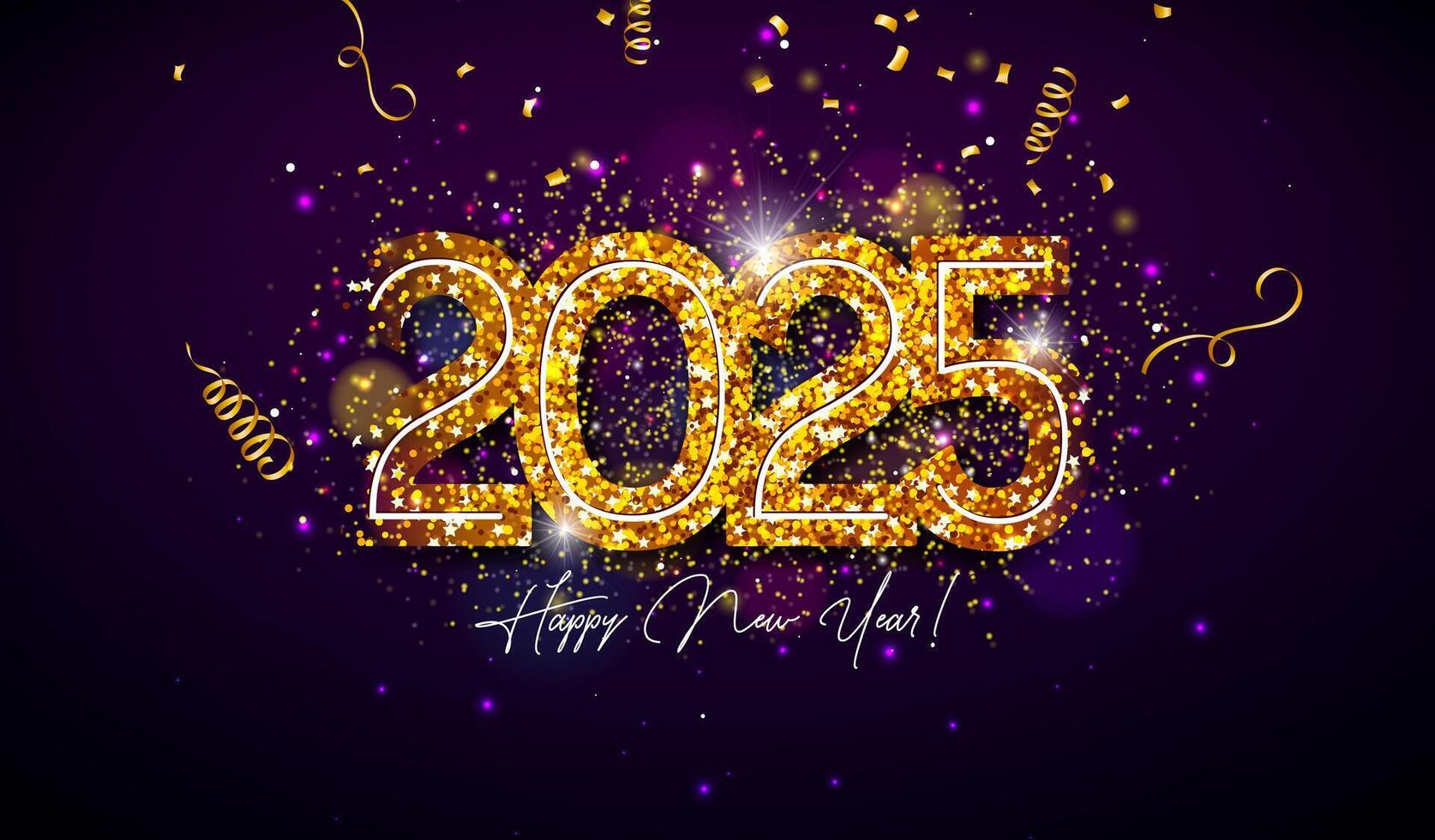2025 Happy New Year Illustration with Gold Glittered Number and Falling Confetti on Dark Background. Christmas Holiday Design with Typography Lettering for Flyer, Greeting Card, Banner, Celebration vector