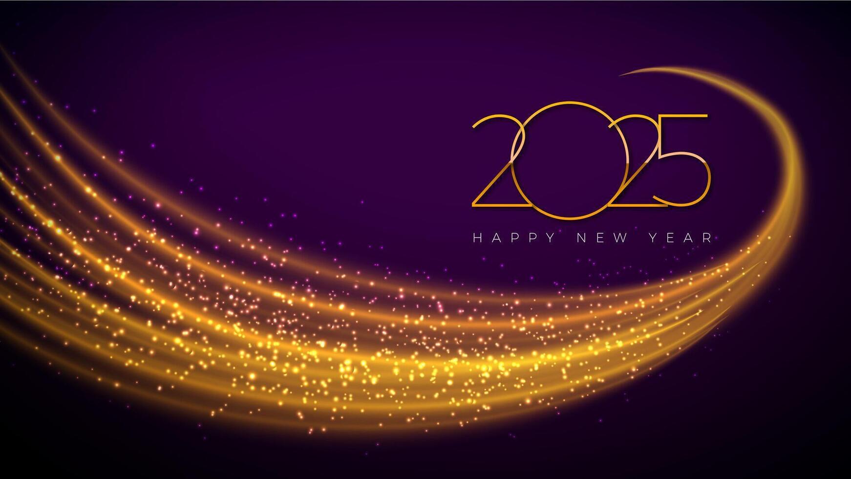 Happy New Year 2025 Illustration with Golden Number and Shiny Gold Wave Design Element on Dark Background. Christmas Holiday Season Design for Flyer, Greeting Card, Banner, Celebration Poster vector