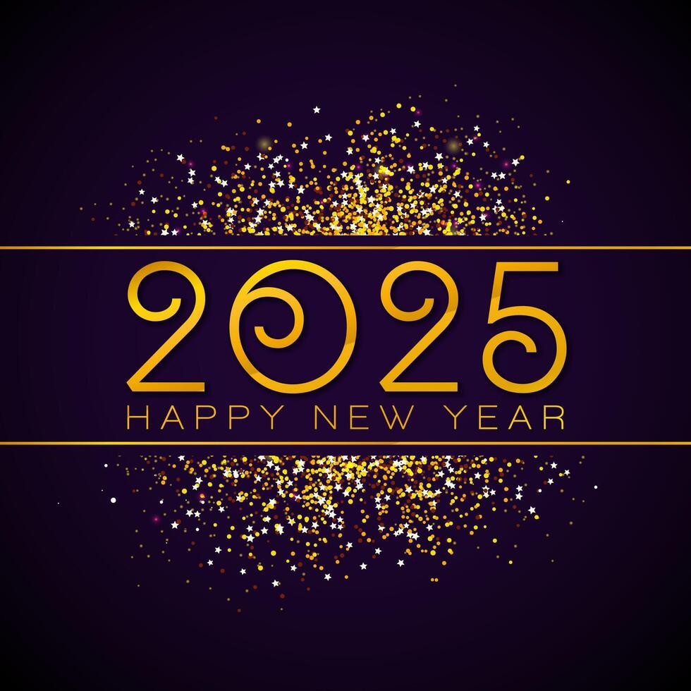 2025 Happy New Year Illustration with Gold Number Typography Lettering on Dark Glittered Confetti Background. Christmas Holiday Design for Flyer, Banner, Greeting Card, Celebration Poster, Party vector
