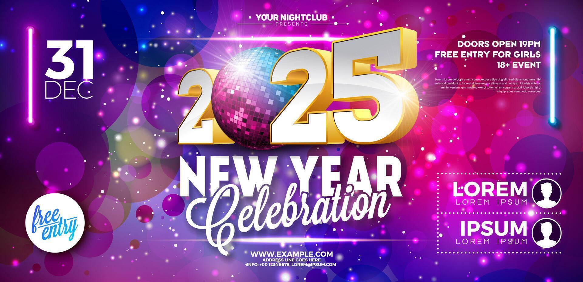 Happy New Year 2025 Party Banner Template Illustration with Shiny Disco Ball and 3d Typography Lettering on Colorful Background. New Year Eve Holiday Celebration Design. Premium Invitation vector