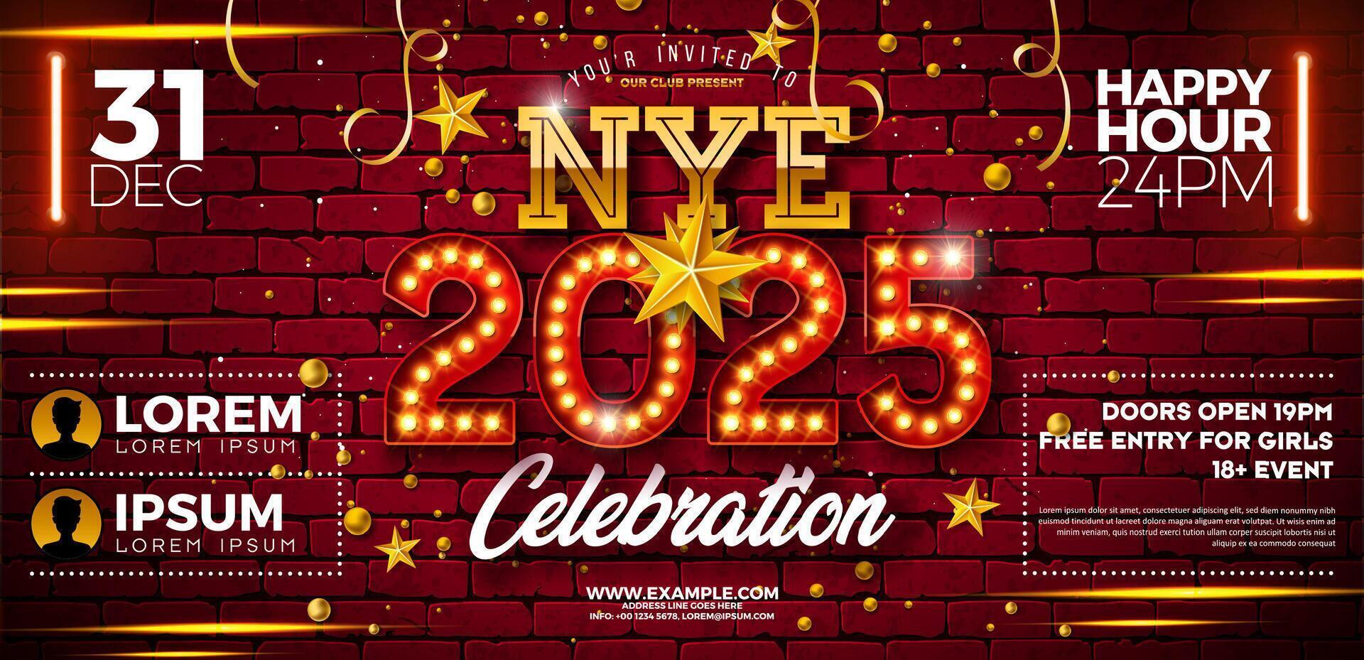 Happy New Year 2025 Party Celebration Banner Template Illustration with Glowing Light Bulb Billboard Number on Brick Wall Background. New Year Eve Holiday Poster Design. Premium Invitation vector