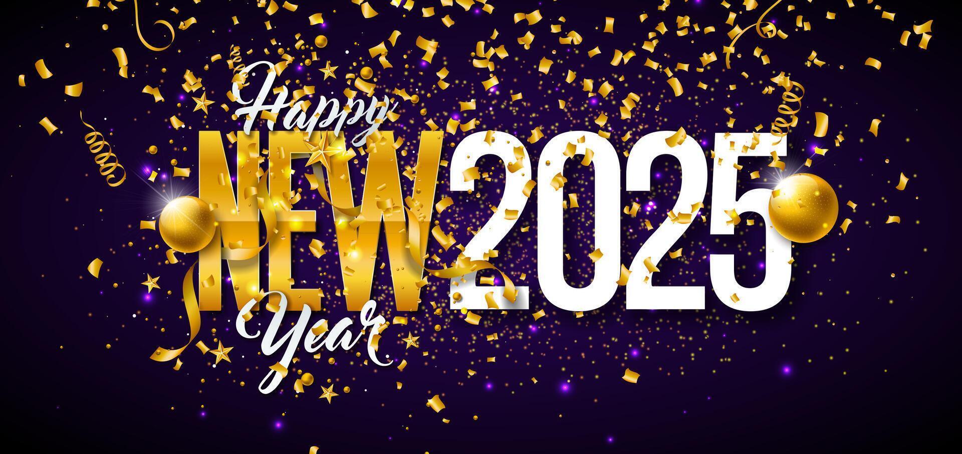 Happy New Year 2025 Illustration with Golden Typography Lettering and Christmas Ball on Falling Confetti Background. Winter Holiday Design for Flyer, Banner, Greeting Card, Celebration Poster, Party vector