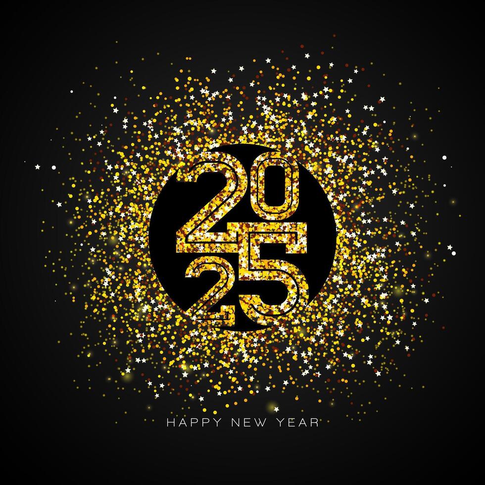 2025 Happy New Year Illustration with Gold Glittered Number and Falling Confetti on Dark Background. Christmas Holiday Design with Typography Lettering for Flyer, Greeting Card, Banner, Celebration vector