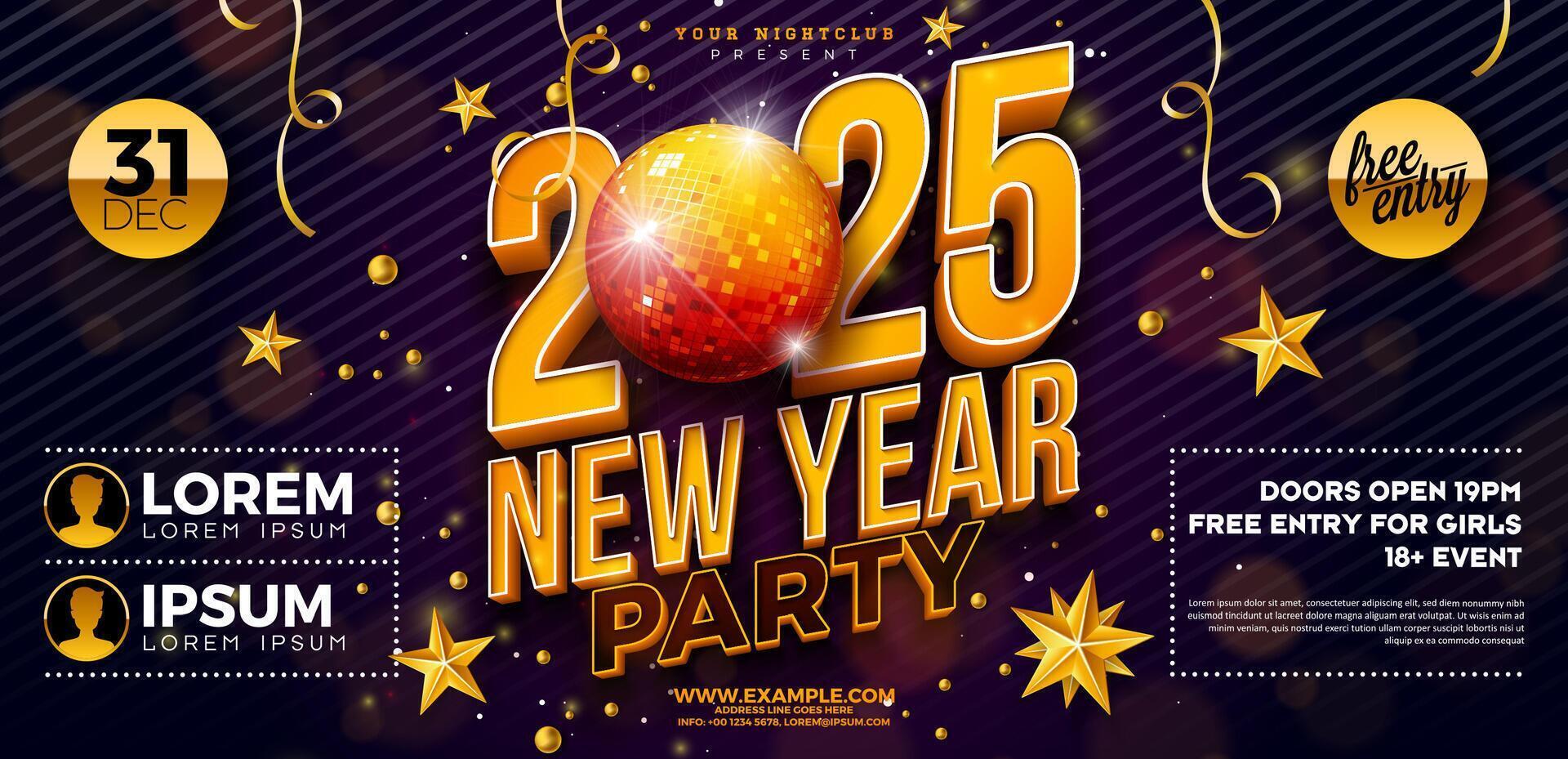 Happy New Year 2025 Party Celebration Banner Template Illustration with Shiny Disco Ball and 3d Typography Lettering on Dark Background. New Year Eve Holiday Flyer Design. Premium Invitation vector