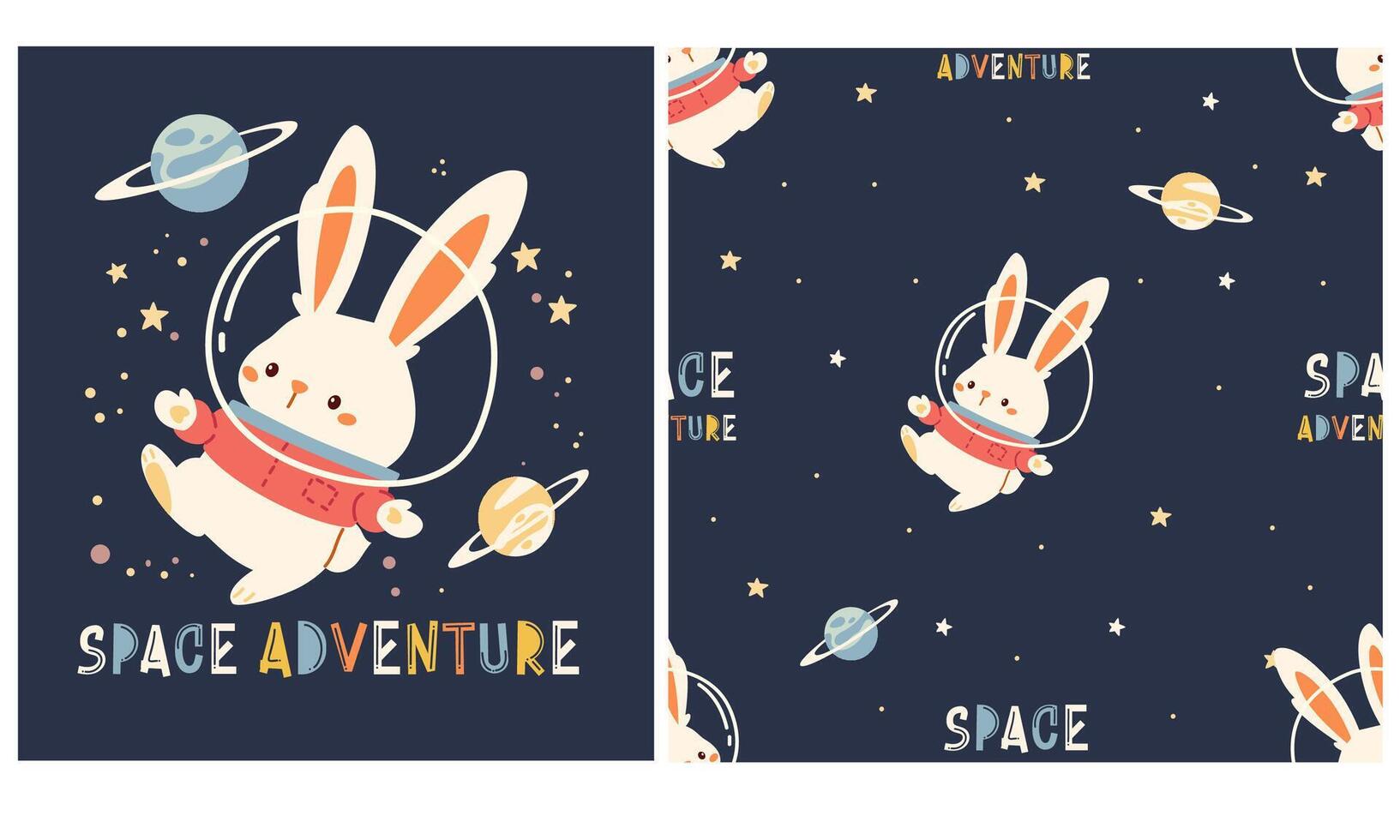 A set of flat prints for printing on children's products. Cute cosmonaut hare flying in space among stars and planets, space adventure print. Seamless pattern vector
