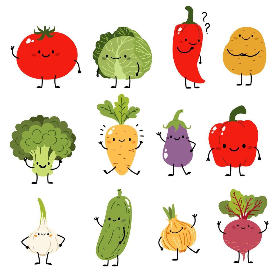 Set of illustrations in children's style. Cute vegetables in different poses and with cute faces. Cabbage carrots broccoli onion garlic tomato potato pepper eggplant cucumber beet vector