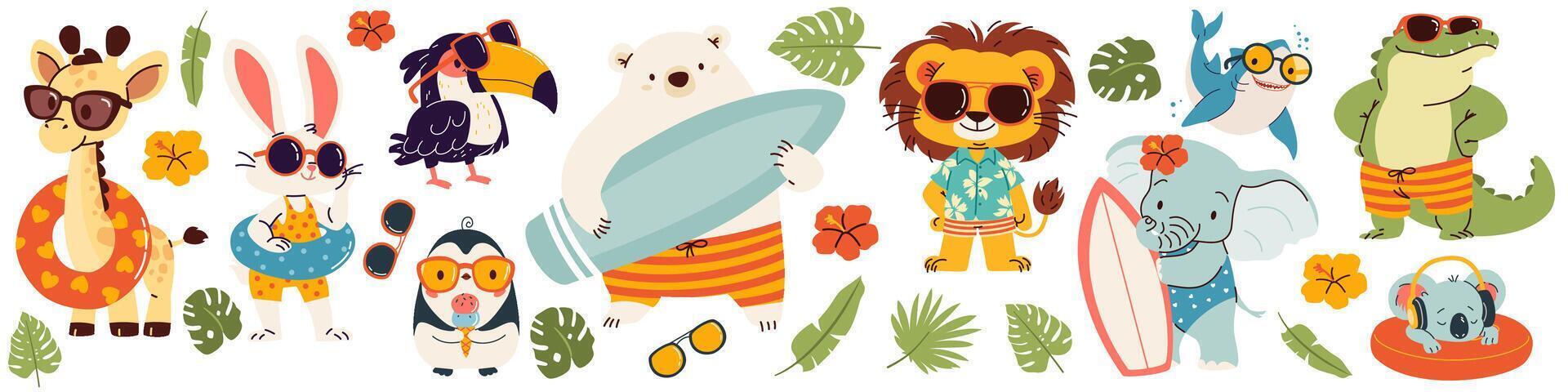 Set of illustrations in children's style on summer theme. Cute animals in sunglasses and surfboard. Lion polar bear penguin penguin shark toucan crocodile hare giraffe vector