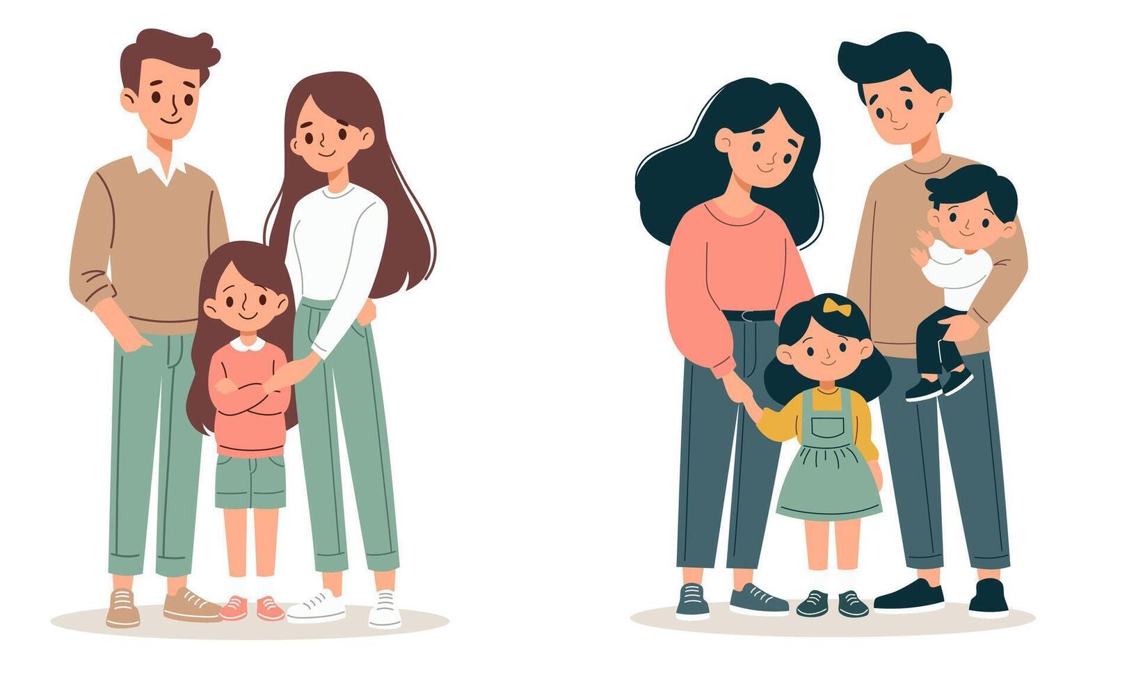set of illustrations in children's style on white background. Cute families, mom dad son and daughter vector