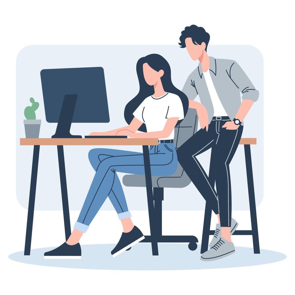 Flat illustration. Woman and man working together in office, joint work. Woman is working at the computer and man is watching vector