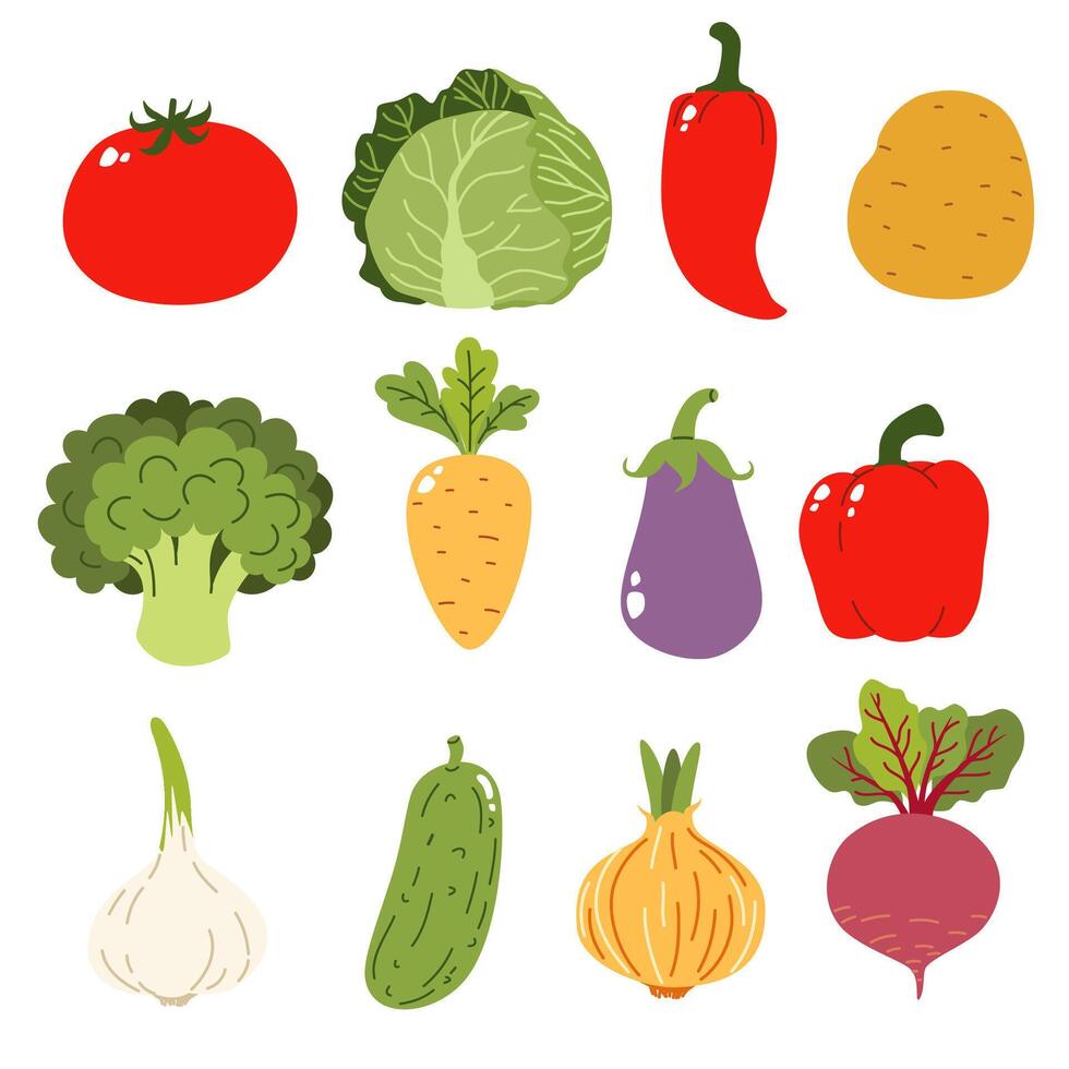 Set of illustrations in children's style. Cute vegetables. Cabbage carrots broccoli onion garlic tomato potato pepper eggplant cucumber beet vector