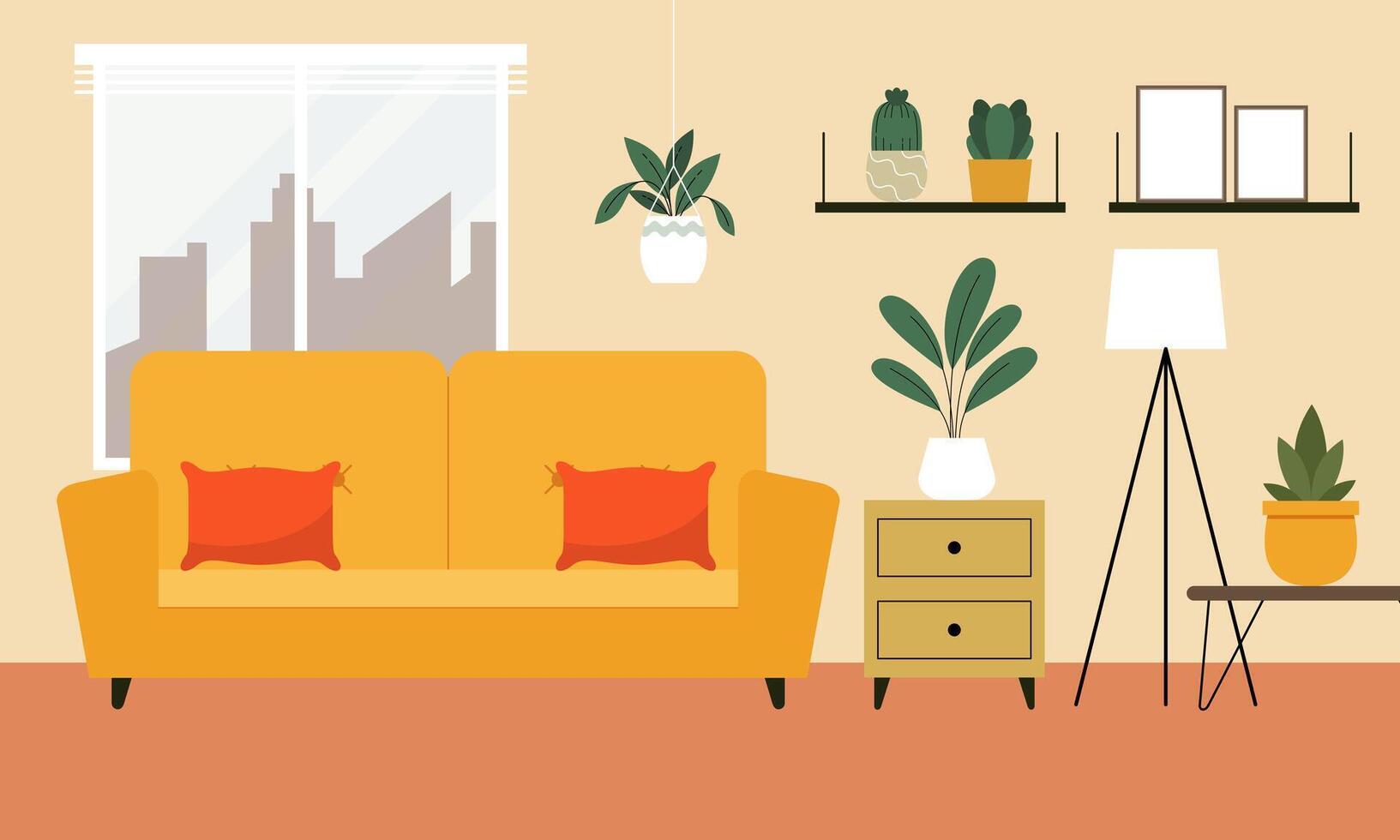 Flat Design Illustration Depicting a Living Room Interior with Various Furnishings and Decor Elements. vector