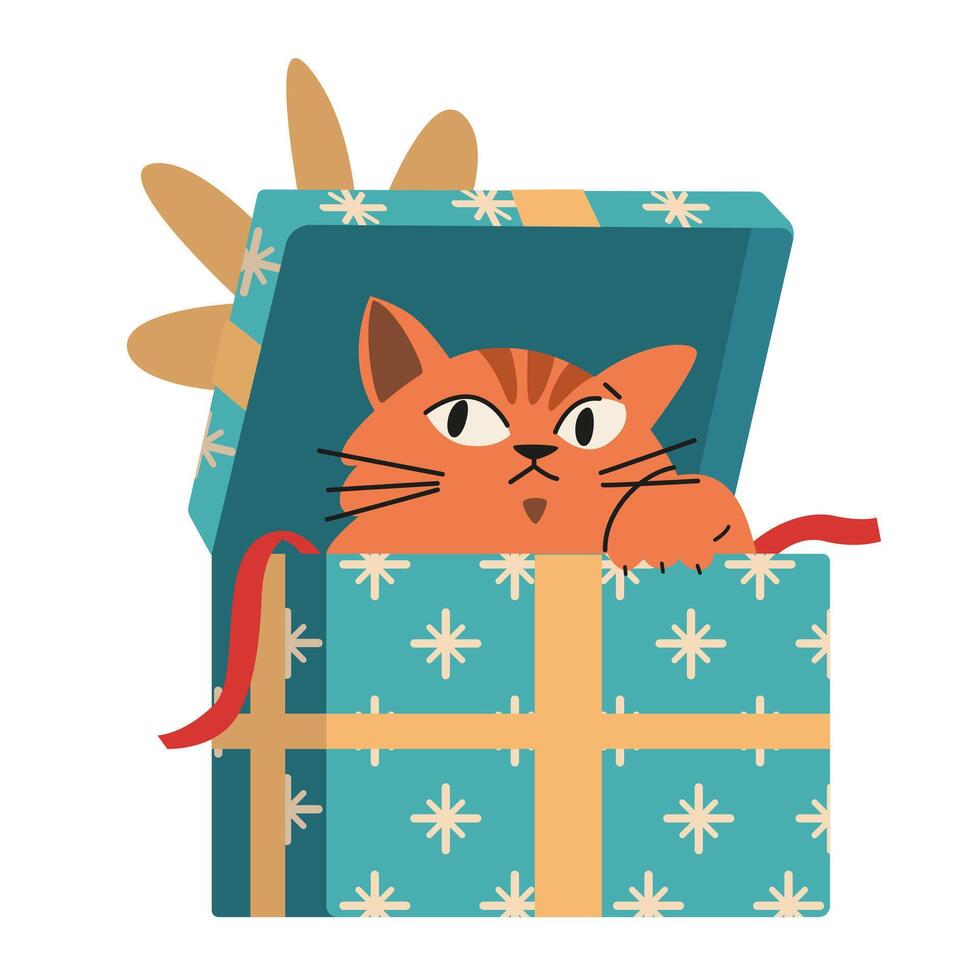 Funny red cat peeping from gift box flat illustration isolated on white. vector