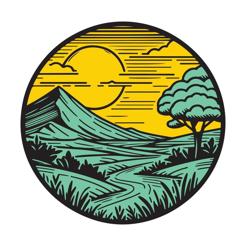 A Circle With a Mountain and Trees in The Background vector