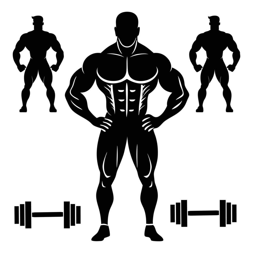 gym bodybuilder silhouette hunk,Silhouettes of Athletic Men, Power Athletic, Strong Man, Barbell, Bodybuilding, Gym, Sportsman vector
