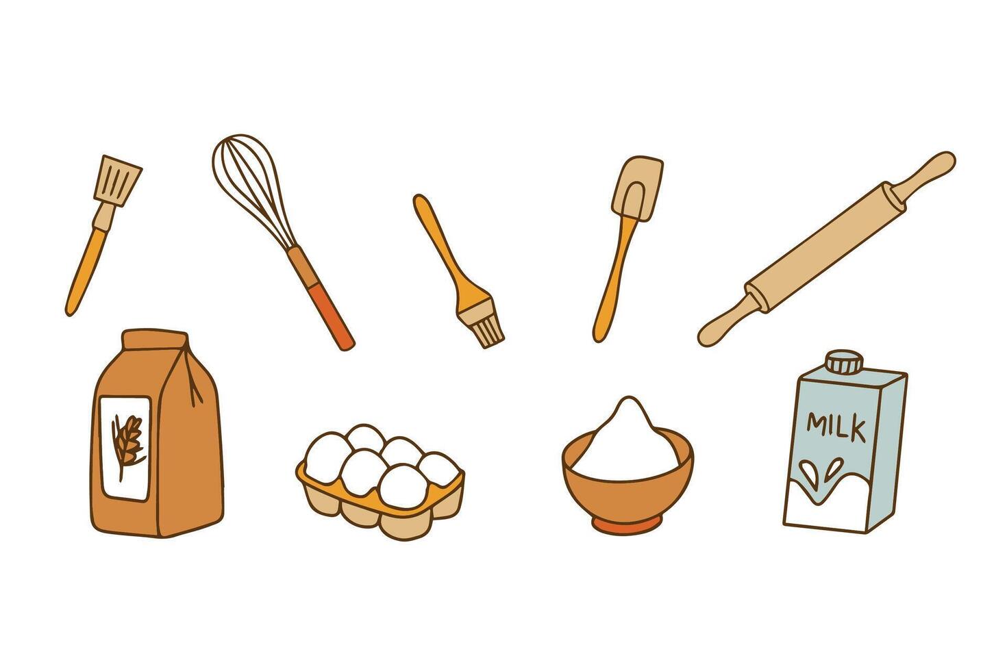 Colorful Collection of Baking Accessories. Set of Kitchen Accessories for Cooking in Doodle Style on White Background. . vector