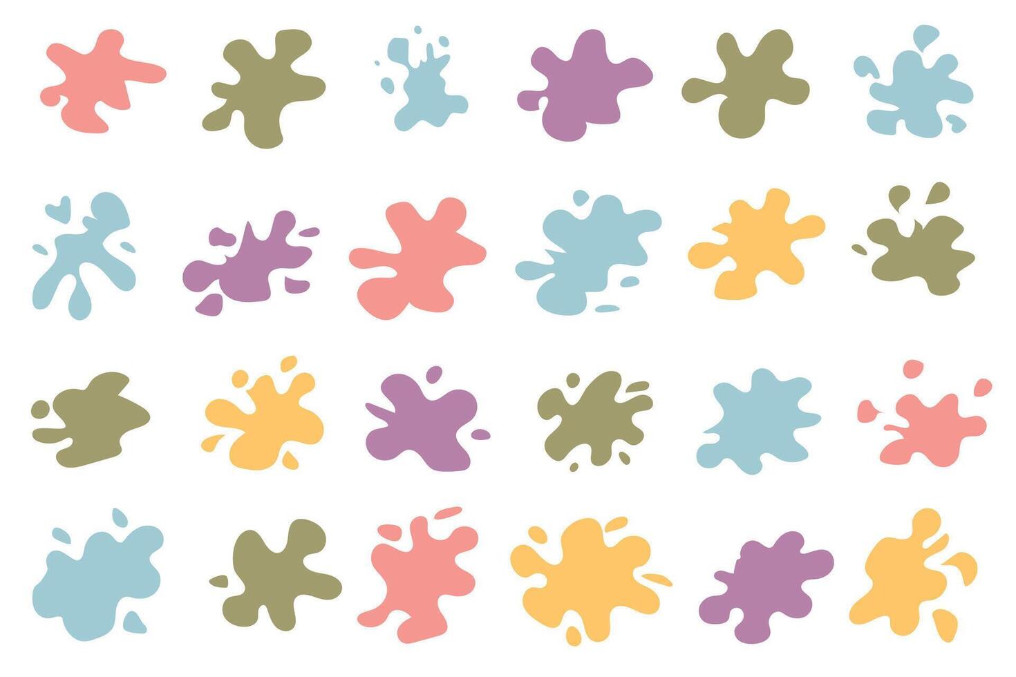 Set of colorful splashes. Bright spots, paint, set of design elements. Paint splatter colorful set. Round splash flat collection, decorative shapes liquids. Different splashes and drops. vector