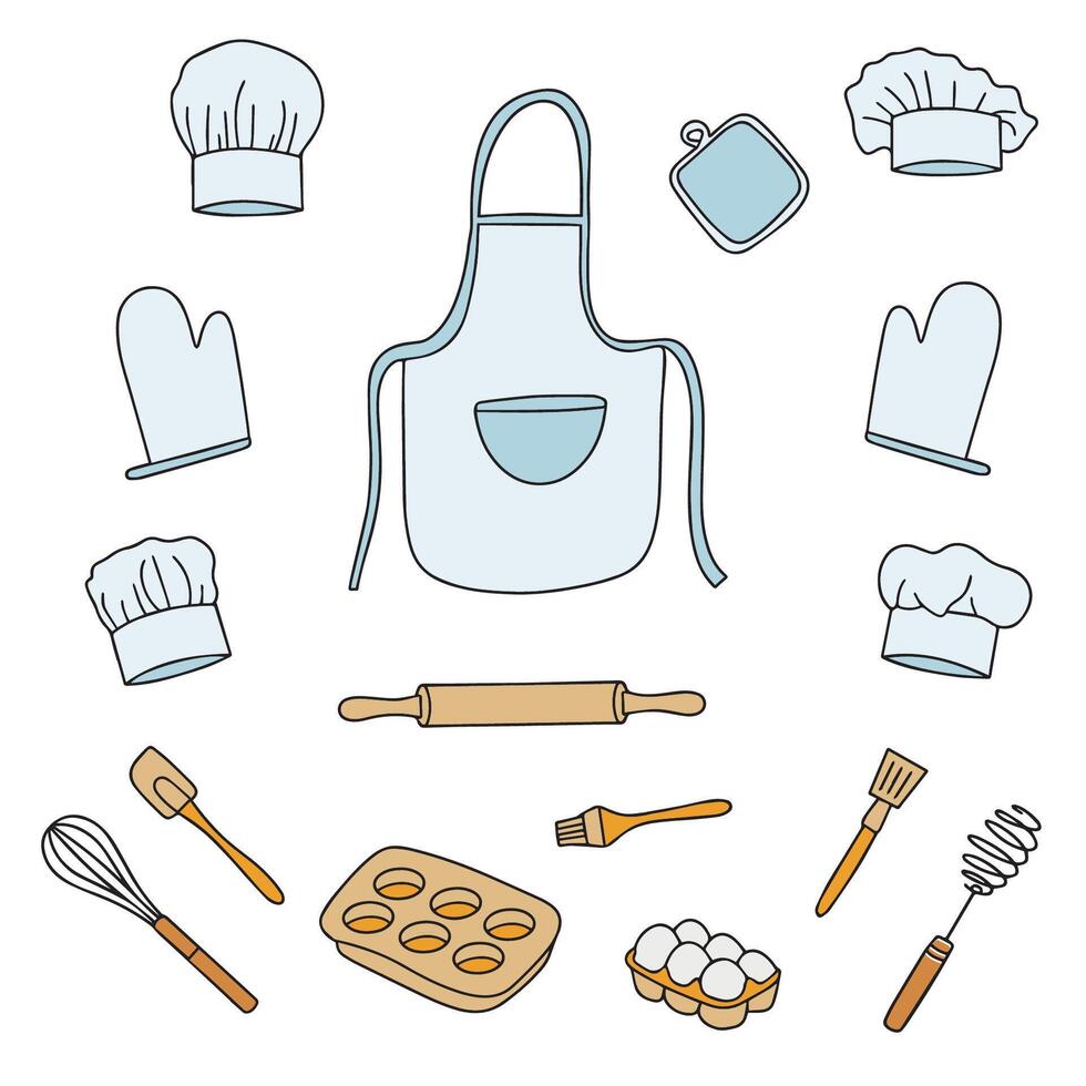 Colorful collection of baking accessories. Set of kitchen utensils and cooking clothes in doodle style on white background. . vector