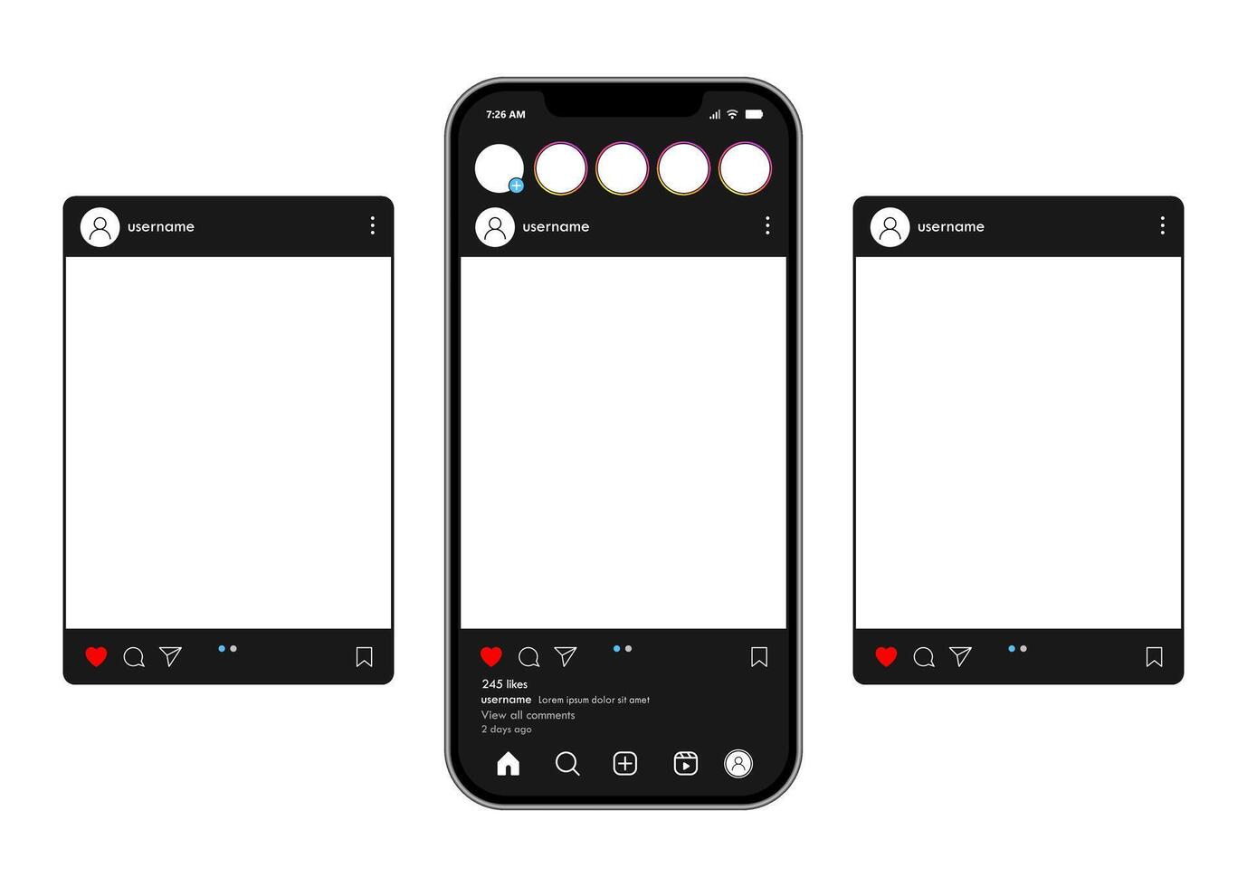 Social media app dark mode carousel post smartphone layout vector