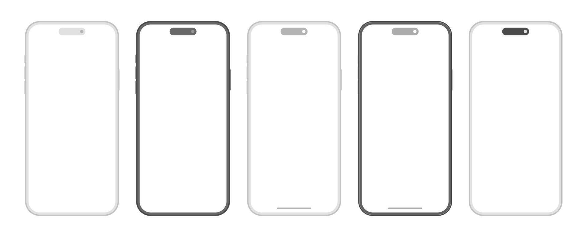 Modern smartphone devices mockup template set. Black gray frame mobile phones with blank display for user interface design vector