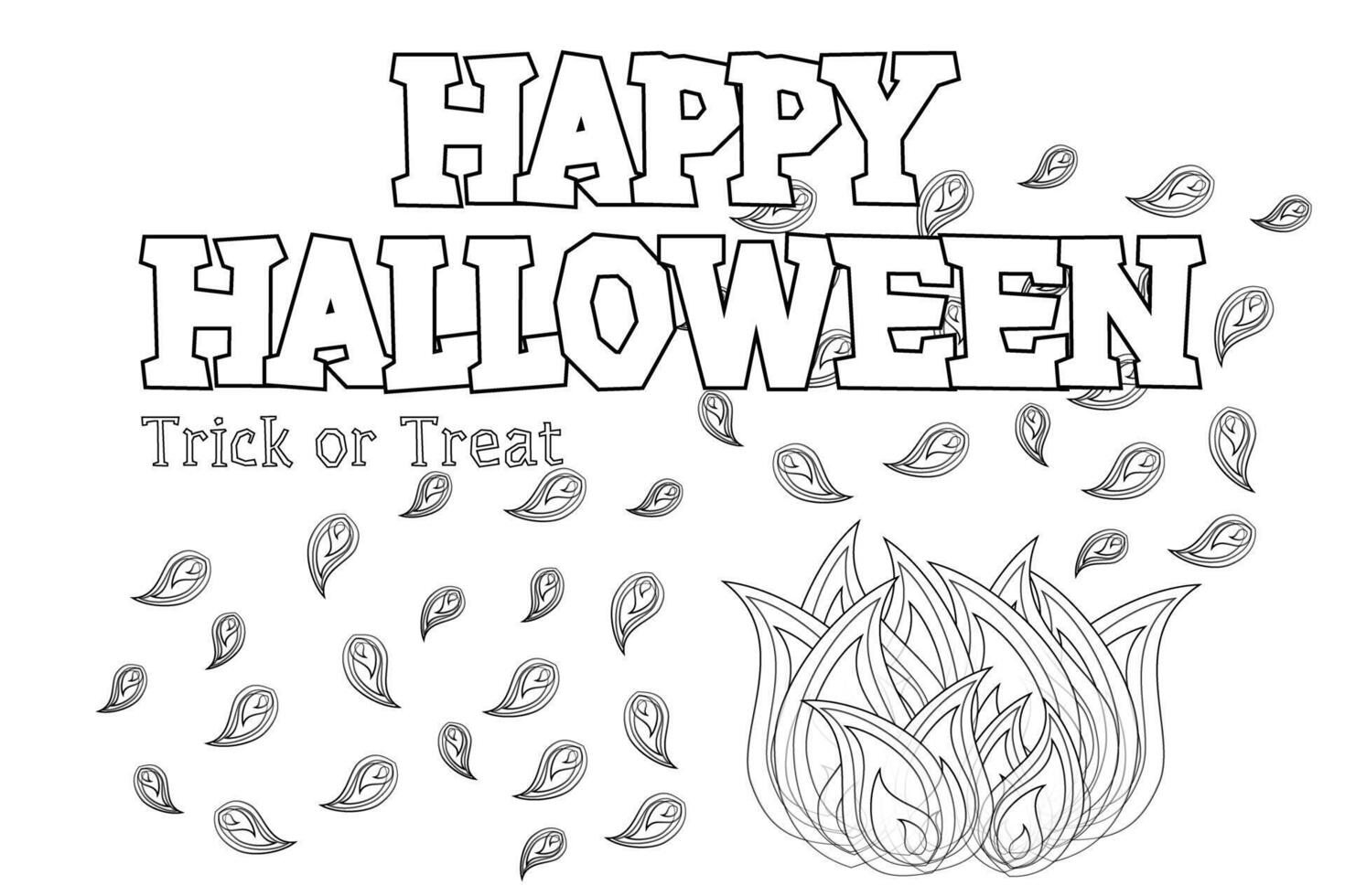 Fun and spooky Halloween-themed coloring page featuring Happy Halloween text, flames, and ghosts. Perfect for kids and Halloween fans vector